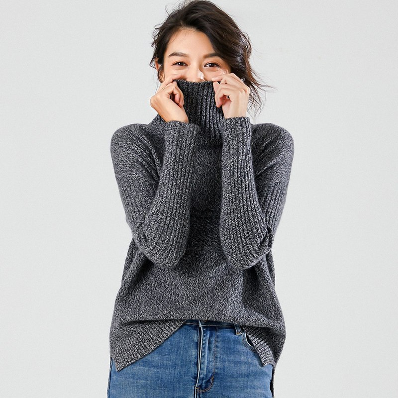 恒源祥羊绒衫女装高领复古绞花厚针织衫2019秋冬新款二翻领毛衣女 165/88A 黑白AB