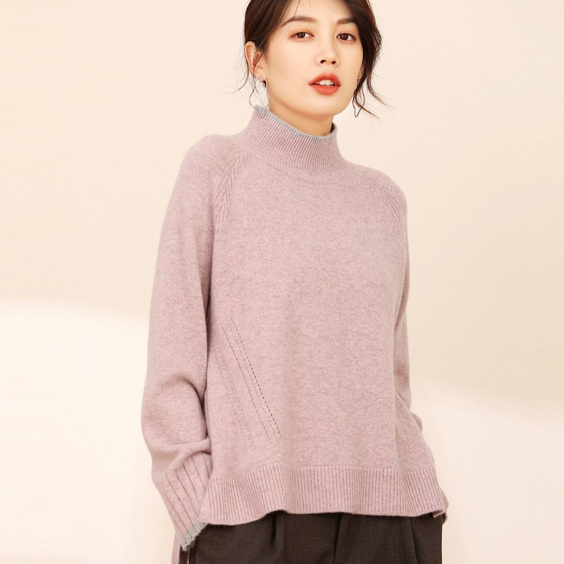 恒源祥19秋冬全羊绒衫女士撞色条纹配边针织衫前短后长侧开叉毛衣 170/92A 夹花粉