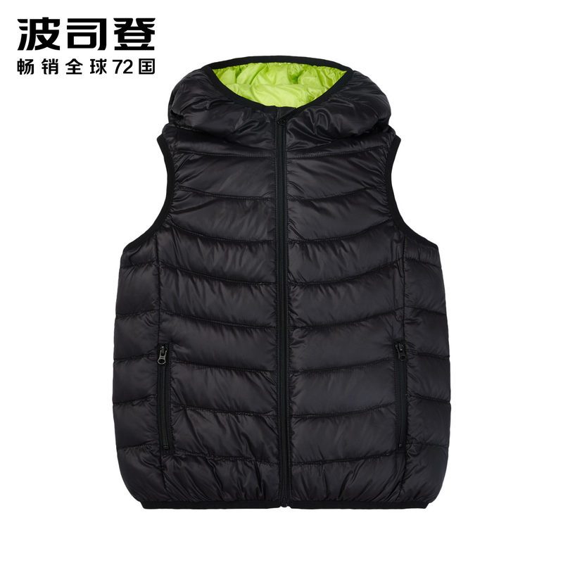 波司登童装新款撞色连帽保暖男女童宝宝轻薄羽绒马甲 150cm(150/72) 黑色脆芽绿805C