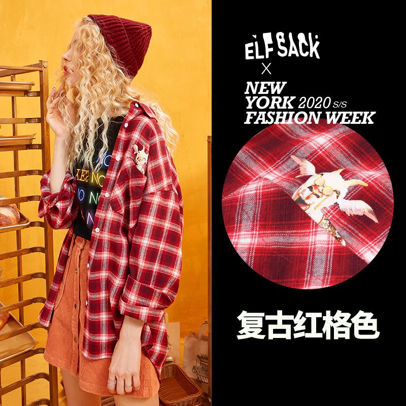 妖精的口袋学院风格红色纹衬衫2019秋季新款女卡通印花bf风上衣潮 M 复古红格色