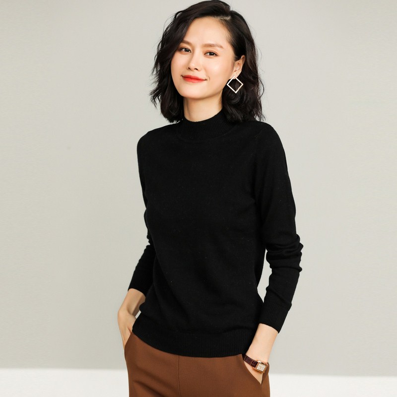 恒源祥羊毛衫女半高领2019新款秋冬纯羊毛套头针织衫毛衣女打底衫_2 175/96A 黑色