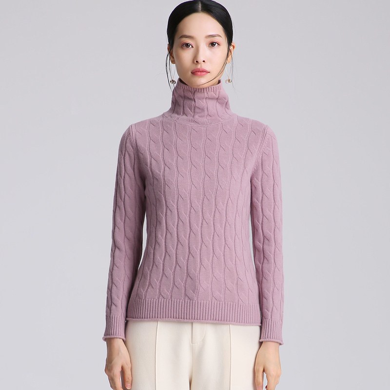 恒源祥2019新款绞花套头毛衣女秋冬纯羊毛打底针织衫高领羊毛衫 175/XL 粉红