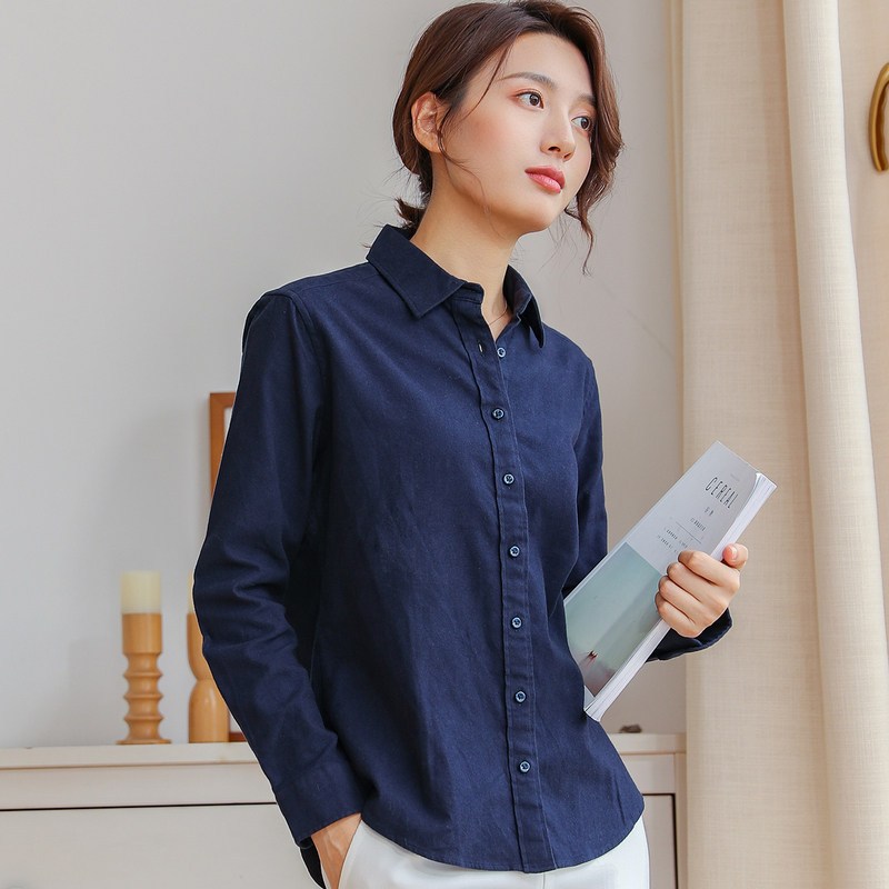 恒源祥磨毛长袖衬衫女秋冬工作服职业OL牛津纺衬衣2019新款正装_1 170/92A 藏青