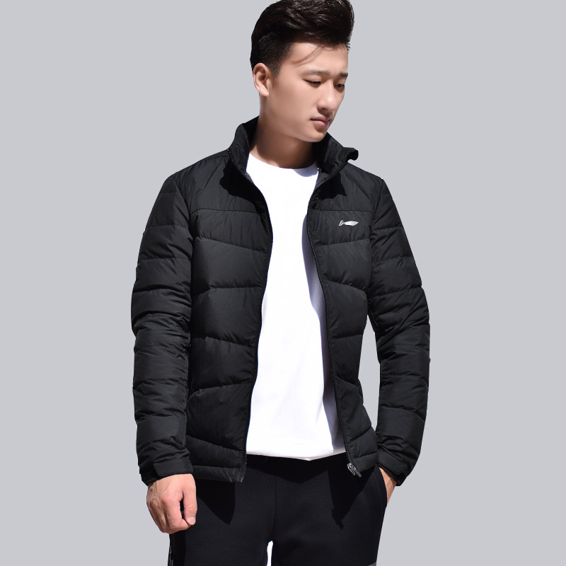 李宁(LI-NING)运动羽绒服男士冬季舒适保暖休闲时尚简约大方轻质羽绒服上衣外套AYMN033 XXL/185 AYMN033-2标准黑