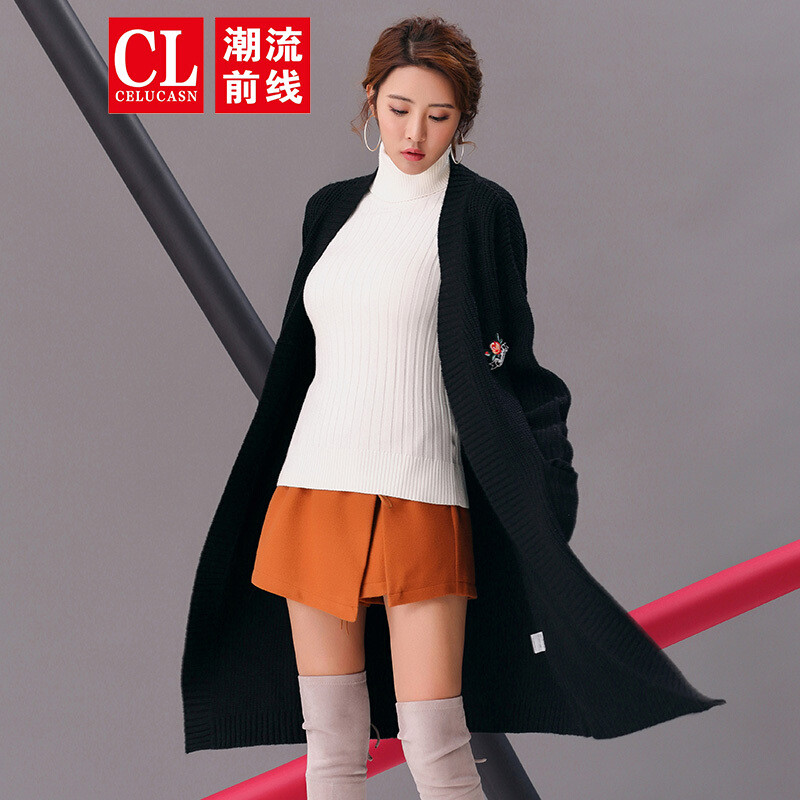 潮流前线2019冬季韩版宽松纯色针织衫外套中长款女士外套学生黑色_1 XL 默认颜色