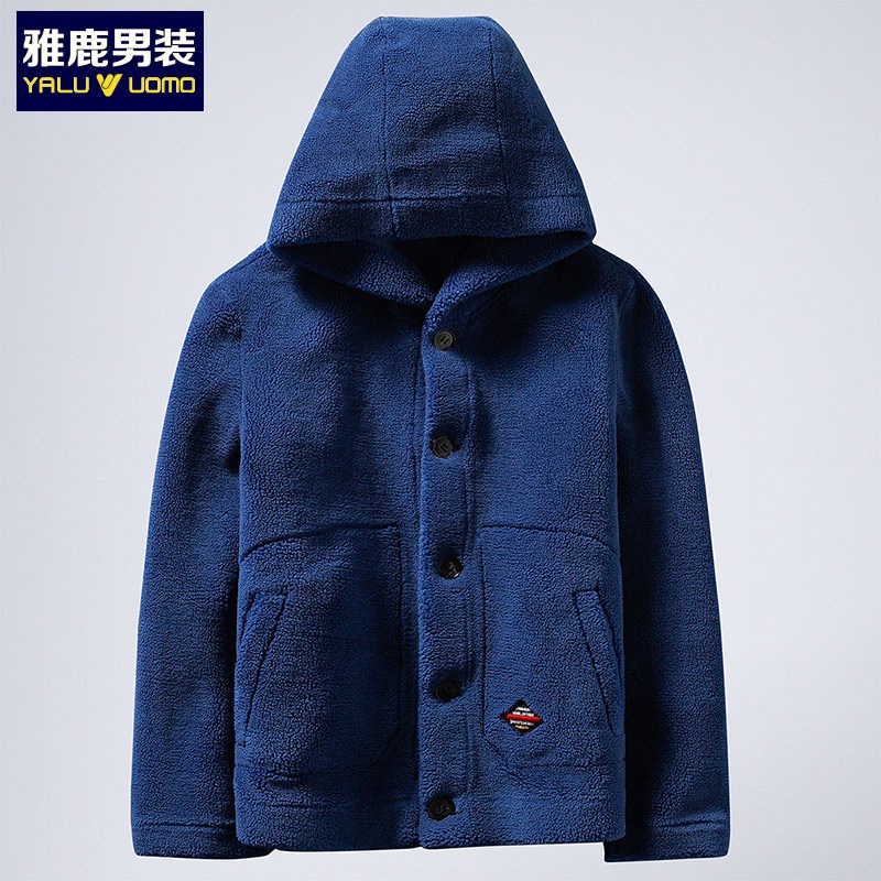 雅鹿男装冬季新款男士百搭连帽外套颗粒绒皮毛一体皮草上衣Y747AW11932 1615牛仔蓝 175