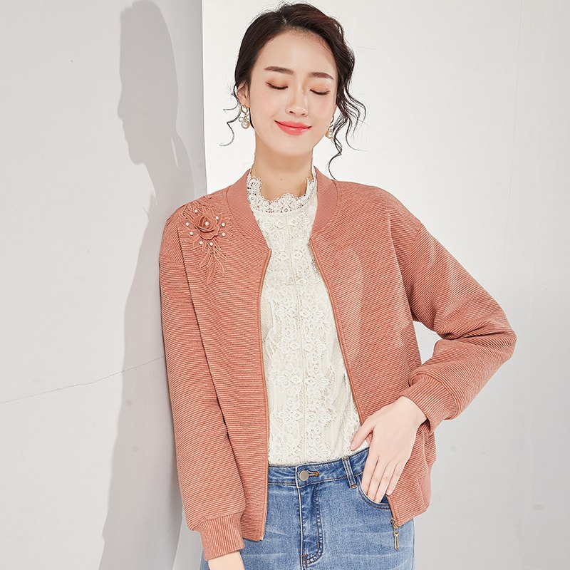 欧昵雪秋冬季立体绣花钉珠拉链棒球服女长袖宽松短外套 XL 桔红色