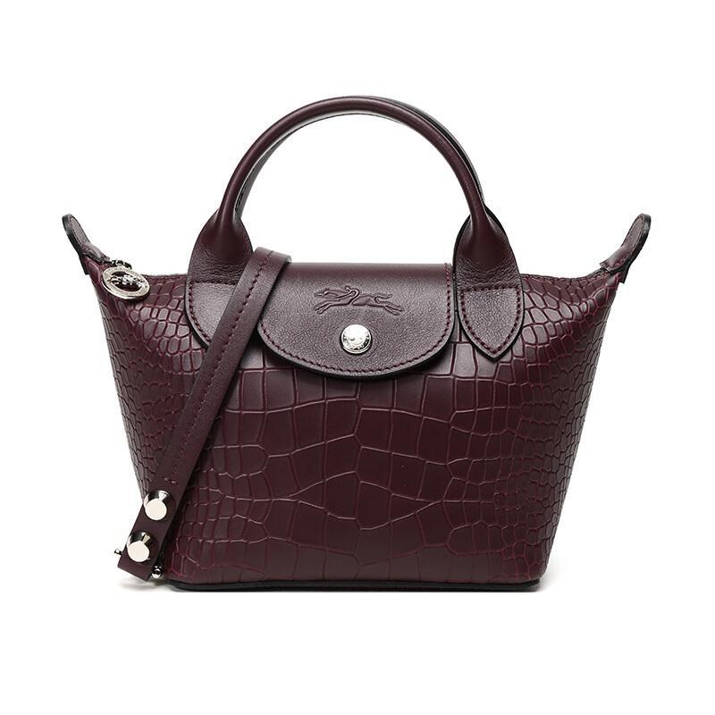 Longchamp 珑骧 女士LE MINI PLIAGE CUIR系列牛皮手提包 1500 HMV E78-酒红色