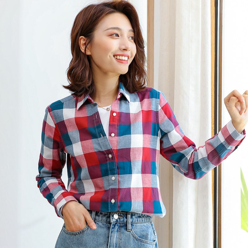 恒源祥2019秋季新款格子衬衫女长袖情侣装翻领格纹复古磨毛衬衣男_280 165/88A BN1920红蓝格
