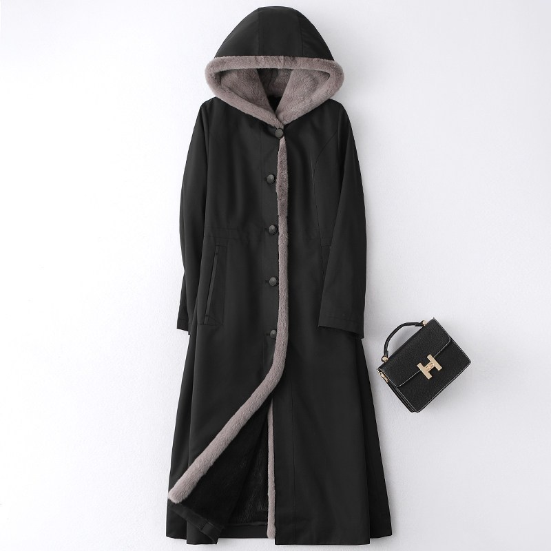 海宁2019冬季新款水貂毛内胆派克服皮女连帽长款外套W 2XL 黑色