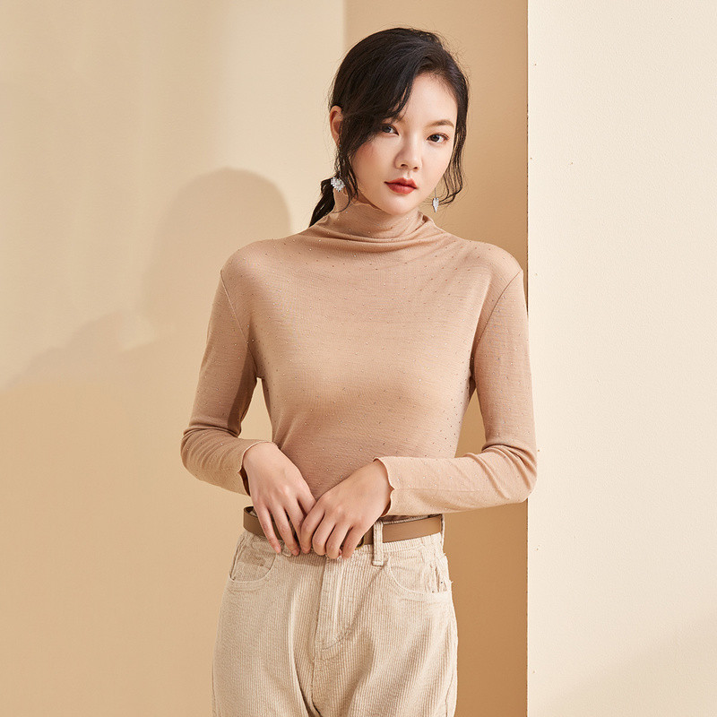 金菊秋冬新款毛衣女纯色高领套头百搭打底衫修身纯羊毛上衣 M 驼色