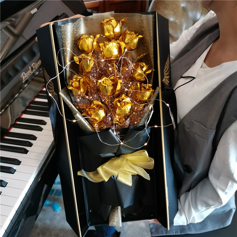 生日礼物女紫色玫瑰花束礼盒浪漫仿真金箔金色永生花24k金玫瑰4TD94Z 天使盒+灯+11朵花苞金箔花黑金