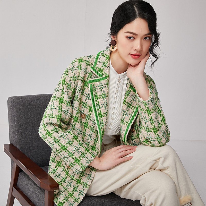 欧昵雪秋冬小香风粗花呢格子外套女中长款双排扣宽松大衣 S 绿色