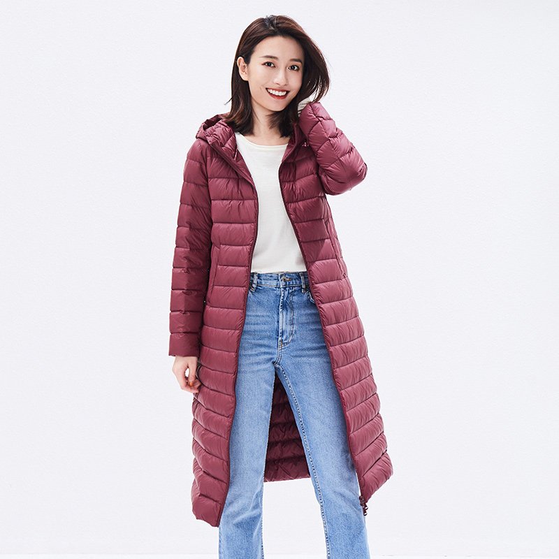 高梵2019秋冬新款韩版修身轻薄羽绒服女中长款连帽休闲羽绒衣外套 L 深酒红A