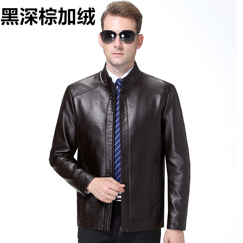 海宁真皮皮衣劲霸男装春秋冬新款中年山羊皮夹克男爸爸装棒球领外套立领夹克翻领商务休闲加大码冬装阿玛尼金利来梦特娇七匹狼男装 1855黑棕加绒立领 L/175/92A