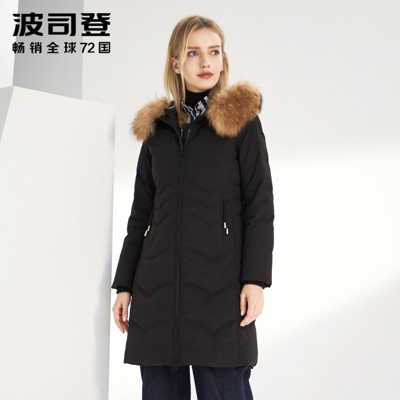 波司登2019连帽中长款羽绒服冬季保暖休闲外套_1 黑色8056 175/96A