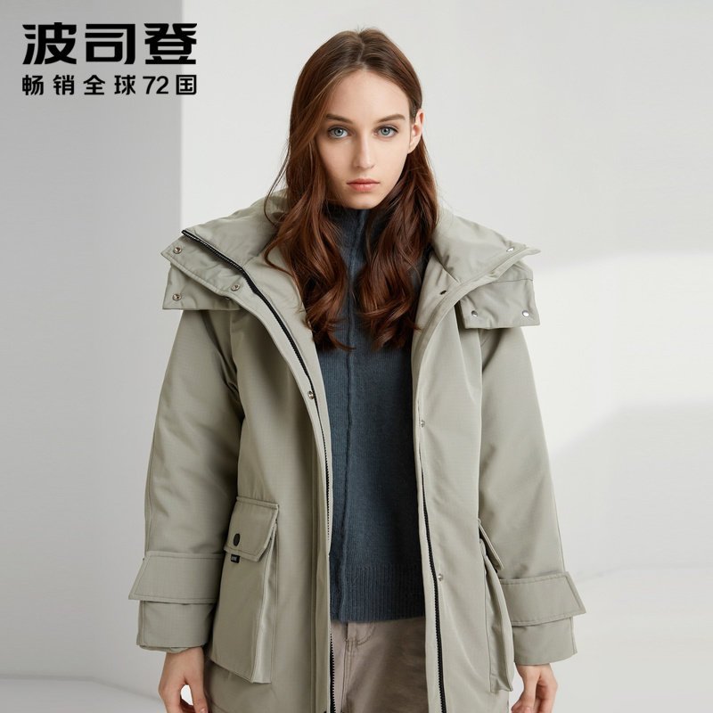 波司登女羽绒服中长款工装风新款冬季保暖外套B90141548DS 云灰绿4167 155/80A