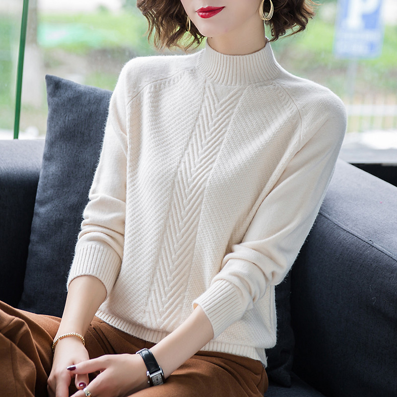 鄂尔多斯市羊绒衫女士100%羊毛衫女秋冬装保暖针织打底衫宽松大码半高领套头百搭毛衣女装冬毛衣套头宽松大码显瘦羊绒打底衫 S适合95斤以内 353藏蓝