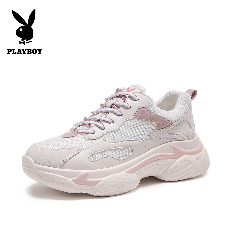 PLAYBOY/花花公子真皮老爹鞋女ins潮2020春季新款网红厚底休闲运动鞋W10760298 粉色 36码