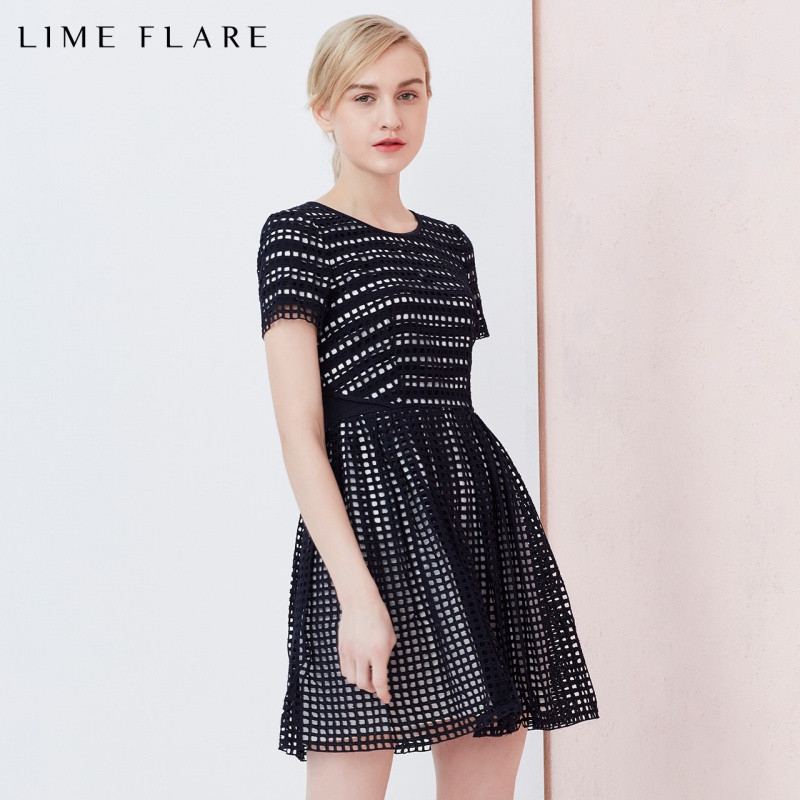LIMEFLARE/莱茵春夏篱笆纹收腰连衣裙LM15103WOP035_2 160/80A/M 藏蓝色