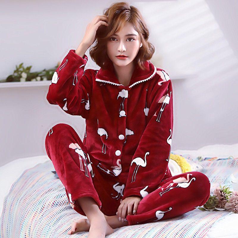 【正品】睡衣女秋冬加绒加厚法兰绒家居珊瑚绒可外穿套装家居服_564_730 2XL135-160 加厚法兰绒红色火烈鸟