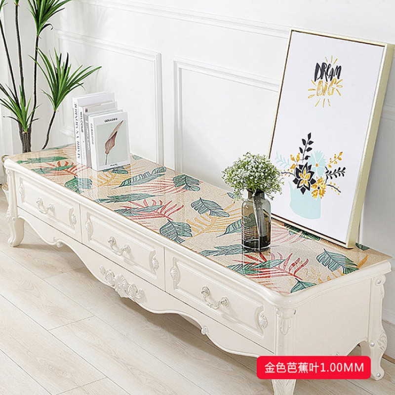 PVC软塑料玻璃网红电视柜桌布防水防烫防油免洗茶几垫桌垫水晶板_1_109 40*120cm 1.0mm金色芭蕉叶