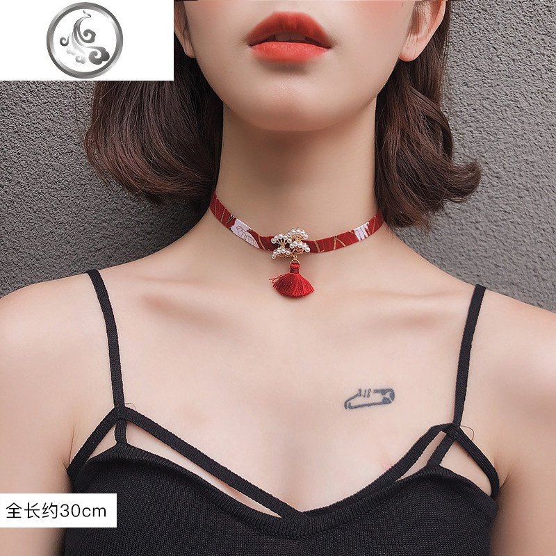 吊坠项链女潮网红气质小众设计锁骨链项圈冷淡风短款颈带脖子饰品_1 20#扇子+红色