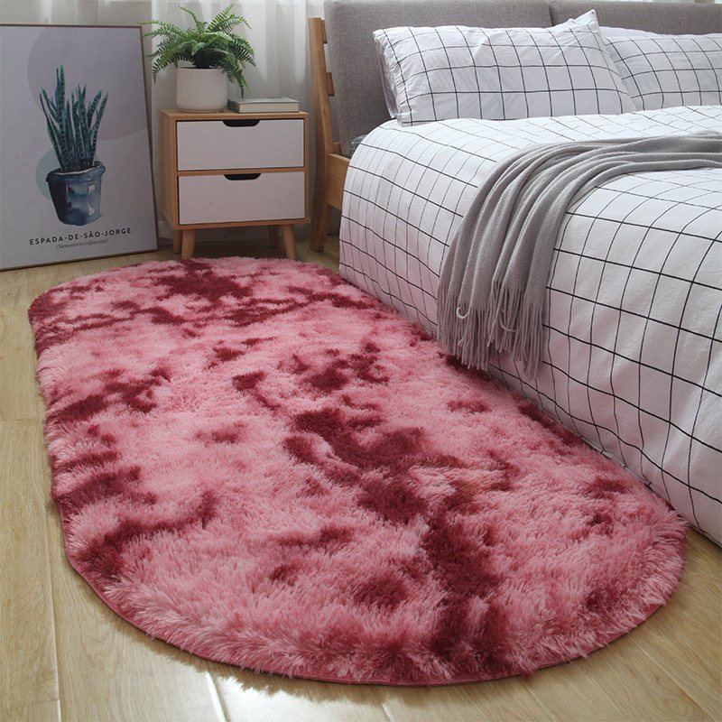 椭圆卧室地毯ins风北欧简约满铺加厚长毛绒客厅垫床边毯定制 （椭圆）宽80×长160厘米 扎染暗红色
