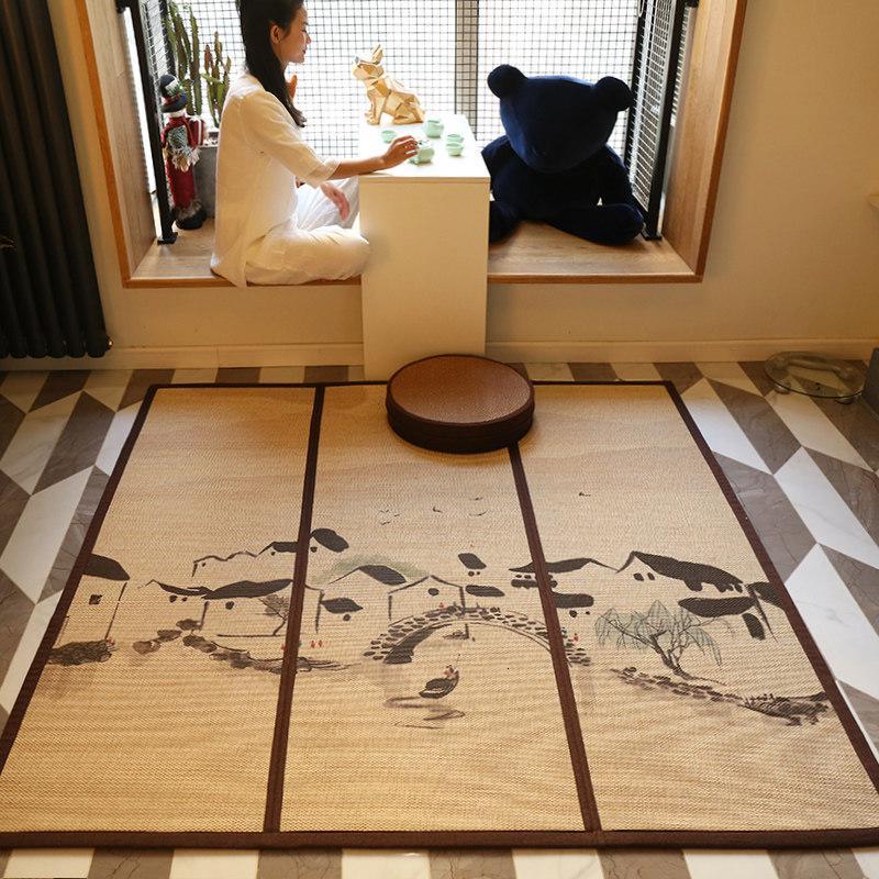 竹席地毯卧室榻榻米竹编中式客厅地垫日式房间床边满铺折叠飘窗垫_1_83 175*240cm 印花拼接（小桥流水）15天发货