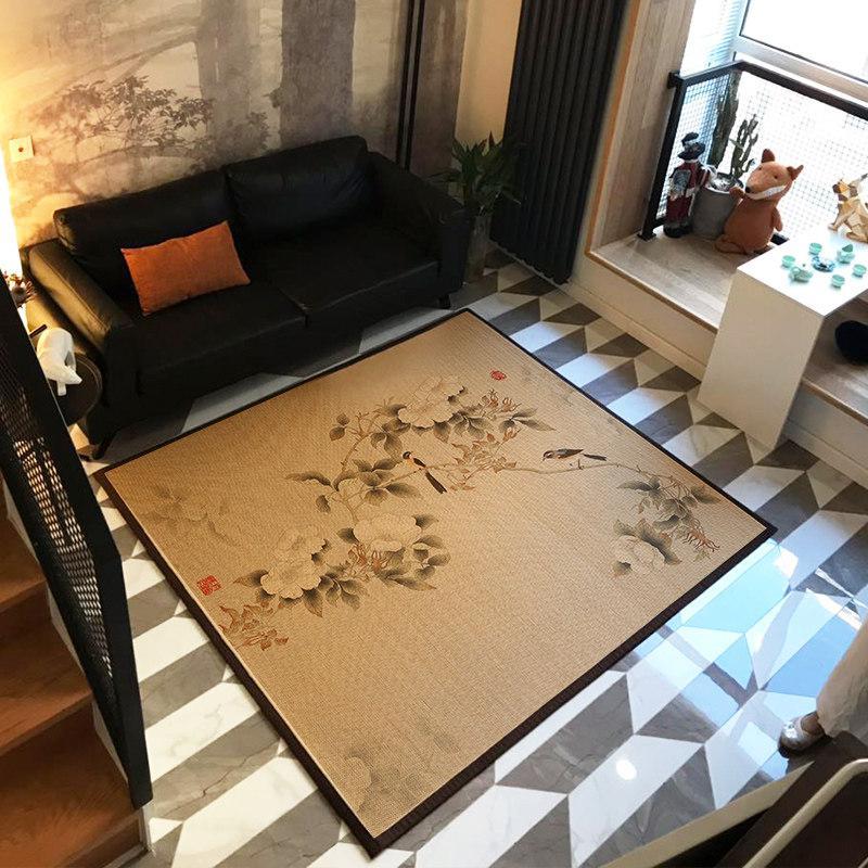 竹席地毯卧室榻榻米竹编中式客厅地垫日式房间床边满铺折叠飘窗垫_1_83 120*200cm 印花（鹊上枝头）15天发货