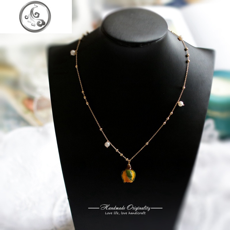 挂坠女配饰项链百搭简约永生花真花玫瑰花短款锁骨链脖链饰品_1 黄色1