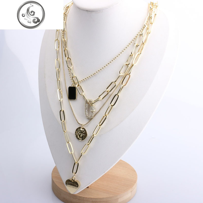 韩国网红街拍叠戴项链爱心锁混搭宽版链条吊坠锁骨链多层毛衣链女 4条一套