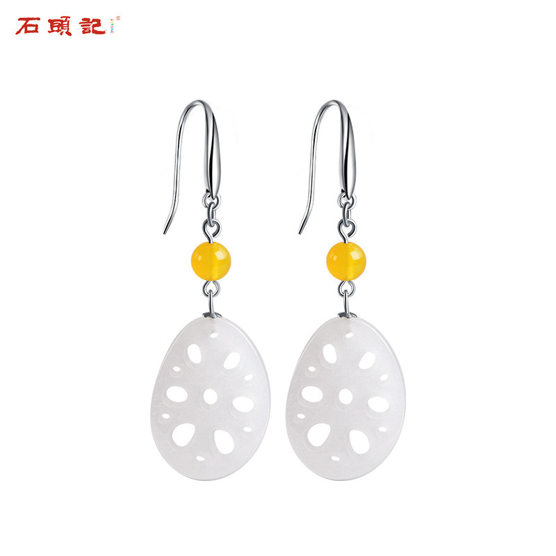 iSTONE/石头记2020新款天然京白玉耳环莲藕耳饰偶遇系列925银饰耳坠中国风 A款京白玉421902004