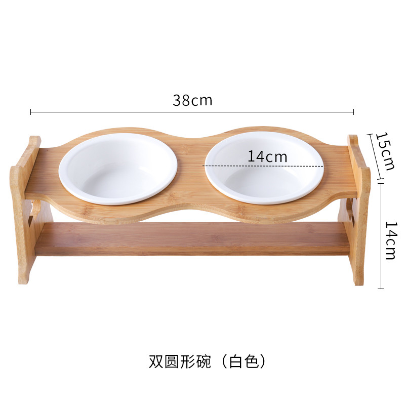 猫碗宠物用品碗陶瓷双碗食盆防打翻木架护颈吃饭喝水斜口碗猫咪碗_1 高度调节大小通用 双圆碗+木架+纯白色