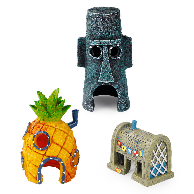 鱼缸造景装饰虾窝躲避屋繁殖罐鱼室海绵宝宝菠萝屋水族箱树脂摆件_1 默认尺寸 海绵宝宝三屋组合【省6元】