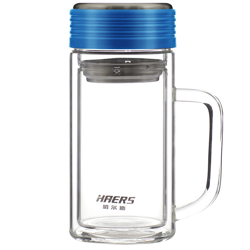 哈尔斯(HAERS) LBL-400B-46 玻璃茶杯 双层带手柄水杯办公男女士泡茶杯 400ml 蓝色