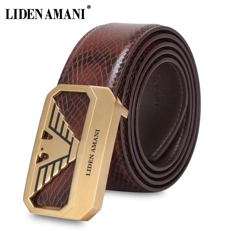 利登阿玛尼（LIDENAMANI）皮带男真皮正品时尚男士腰带年轻人纯牛皮板扣裤带潮 金色+啡色蛇皮纹 115cm