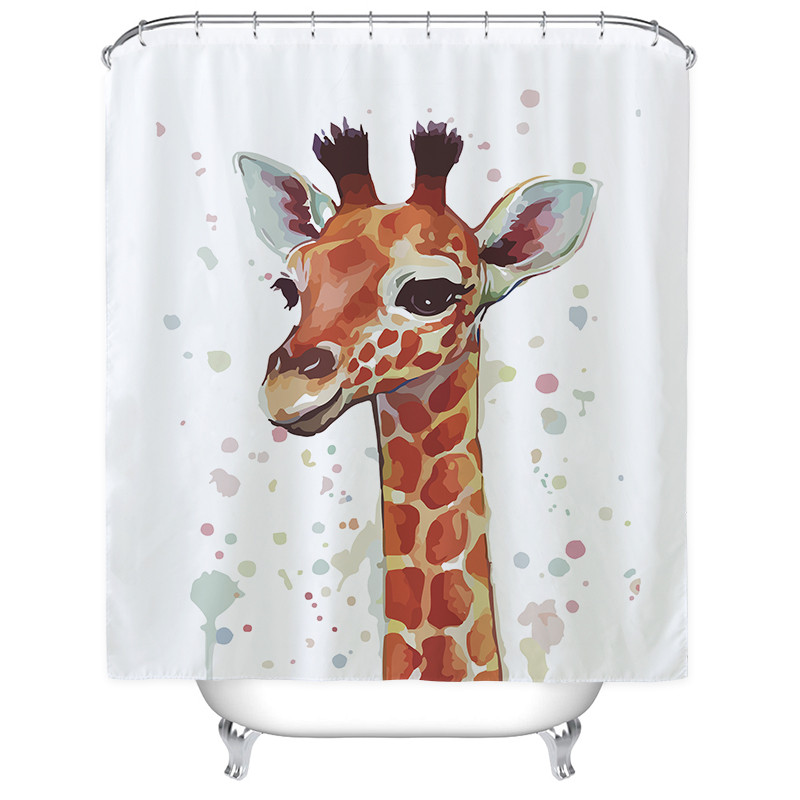 北欧个性大象浴帘防水卫生间洗澡间隔断布洗澡淋浴房挂帘套装弧形_2 默认尺寸 呆萌长颈鹿浴帘80宽*高180cm