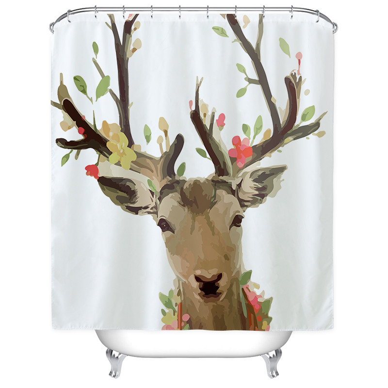 北欧个性大象浴帘防水卫生间洗澡间隔断布洗澡淋浴房挂帘套装弧形_2 默认尺寸 花草小鹿浴帘100宽*高180cm