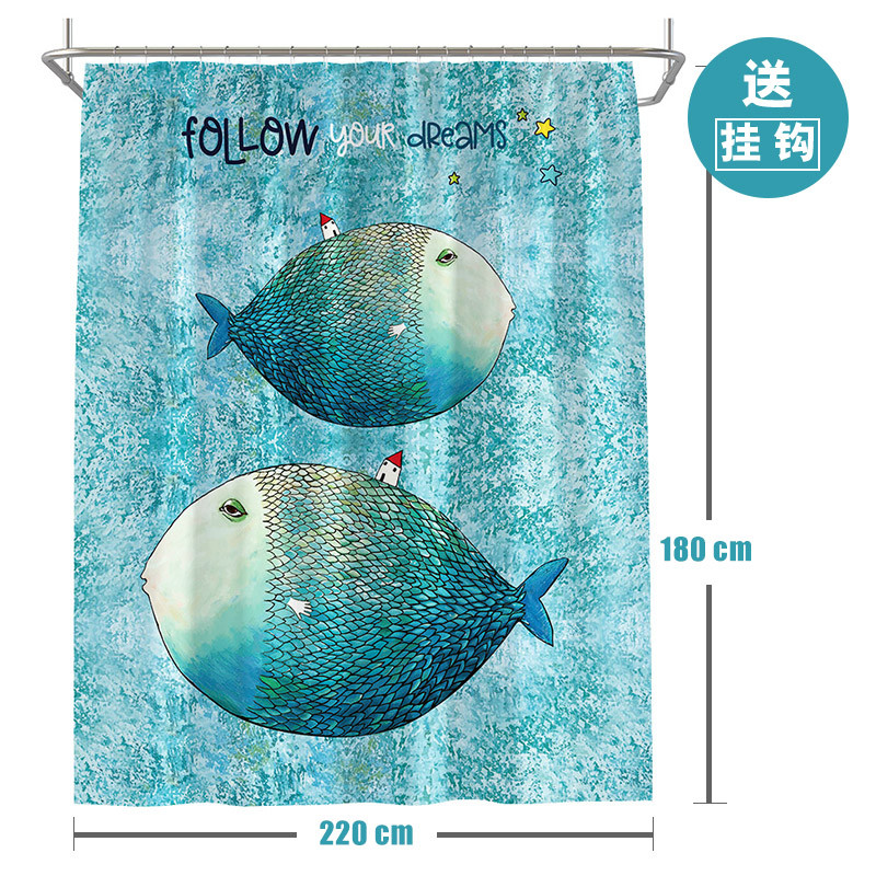 ins北欧浴帘浴室防水布淋浴房隔断挂帘加厚防霉卫生间套装免打孔_3 默认尺寸 大鱼小房子浴帘宽220高180cm送钩