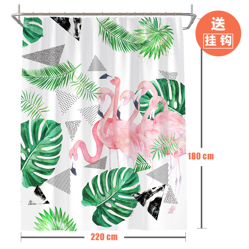 北欧ins风火烈鸟浴帘网红加厚防水布浴缸挂帘子浴室淋浴隔断拉帘_1 默认尺寸 公主粉火烈鸟浴帘宽220高180送钩