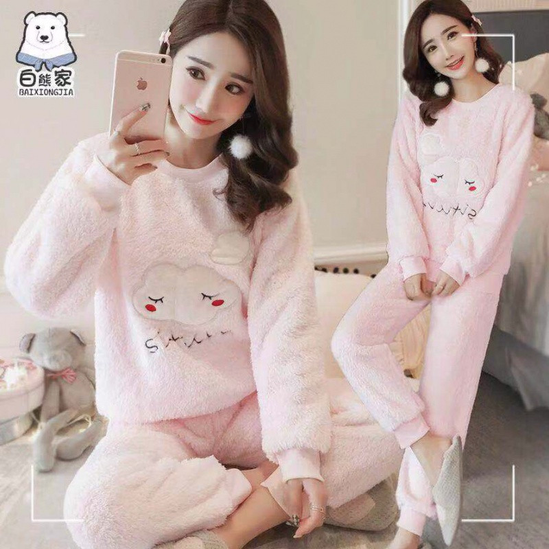睡衣女冬加厚珊瑚绒保暖法兰绒睡衣女士加大码可爱甜美家居服套装_468 M 云朵【粉色】