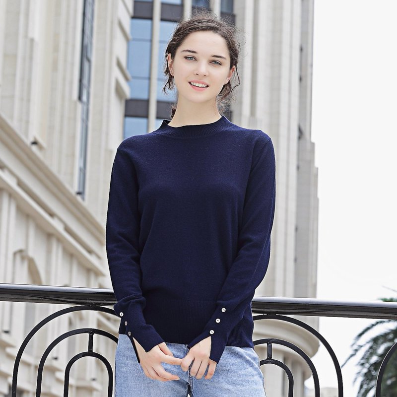金菊半高圆领羊毛衫女套头短款打底衫纯色针织毛衣修身显瘦百搭上衣 藏青 XXL