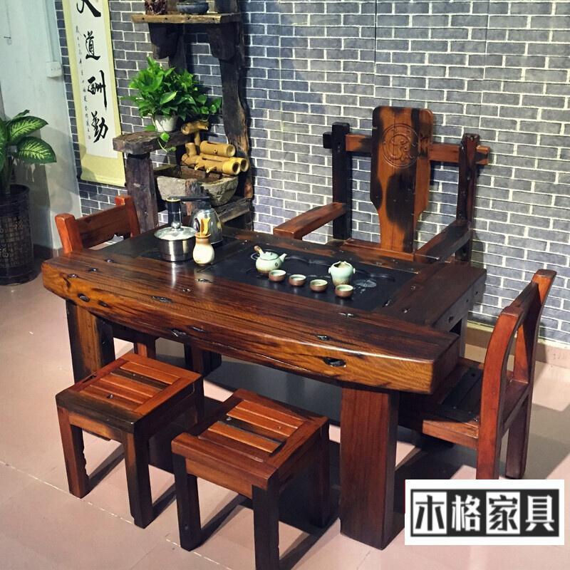 苏宁放心购老船木实木茶桌椅组合功夫泡茶台船木新料仿古茶几中式现代简约家用阳台小户型茶几整 客椅：方凳