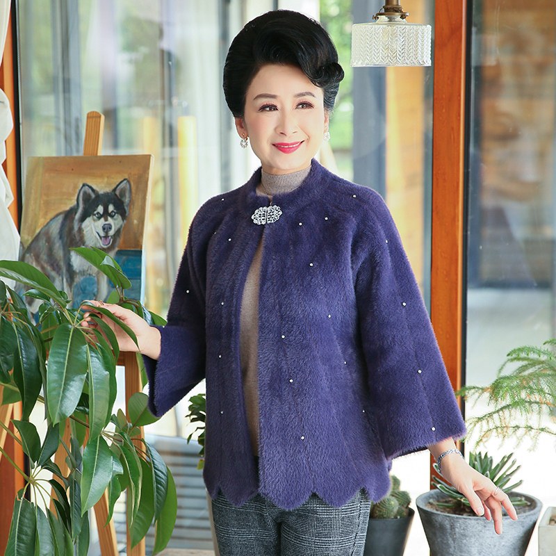 妈妈春装套装气质仿水貂绒外套中年洋气高贵披肩外搭中老年上衣女 XL建议120-140斤以内 紫色【单件】