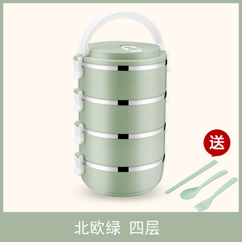 简约不锈钢饭盒保温分格1成人可爱便当盒学生2韩国3多层4带盖餐盒_9 四层北欧绿+餐具