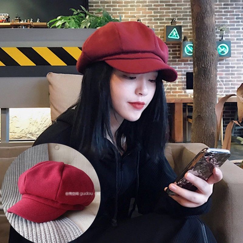 瑞丽珑韩版毛呢贝雷帽冬季潮休闲百搭帽日系复古帽子女新款品质 升级版立体呢八角酒红均码（54-58cm）