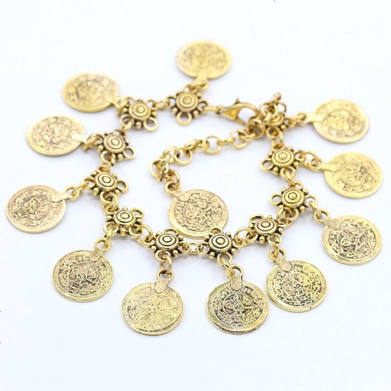 欧美 时尚同款复古风格金属钱币流苏脚链 热卖 古金色0195