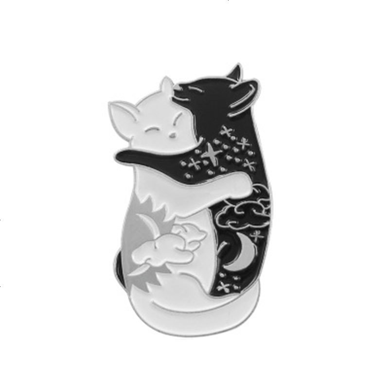 欧美黑白相拥猫咪胸针brooch hijab创意滴油胸花情侣胸饰饰品 XZ14-银色
