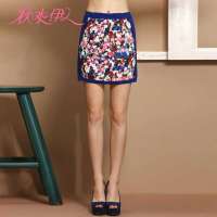秋水伊人 女装都市OL复古印花修身包臀短裙子633109045 宝蓝 S